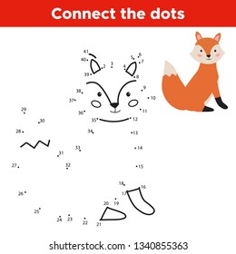 Dot to dot game, numbers game for children. Cartoon vector fox. Forest animals.