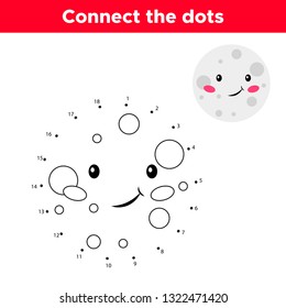 Dot to dot game, numbers game for children. Cute cartoon moon. Space theme. Vector illustration.