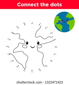 Dot to dot game, numbers game for children. Cute cartoon earth. Vector illustration.