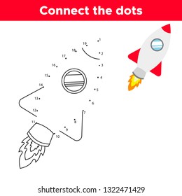 Dot to dot game, numbers game for children. Cute cartoon rocket. Space theme. Vector illustration.