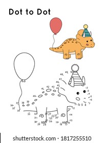 Dot to dot game for preschool kids. Cute cartoon dinosaur triceratops with balloon. Coloring page for Birthday party. Educational activity worksheet.