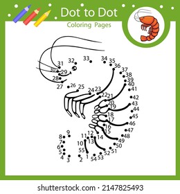 Dot to dot game with sea shrimp. Connect drawing by numbers of prawn. Kids activity page with riddle and coloring book. Children vector printable education worksheet.