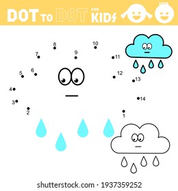 Dot to dot games for kids. Cloud. Connect the numbers and drawing  cloud with rain. Coloring page. Book. Puzzle activity worksheet. Sketch vector illustration