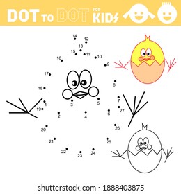 Dot to dot games for kids. Cute chicken and egg. Connect the numbers and draw a chick. Coloring page. Book. Puzzle Activity Worksheet. Sketch vector illustration