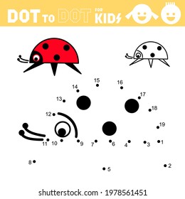 Dot to dot games for kids. Ladybug. Connect the numbers and drawing a insect, beetle. Ladybird Coloring page. Puzzle activity worksheet. Sketch vector illustration