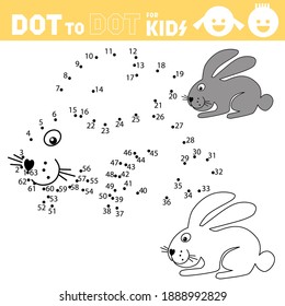 Dot to dot games for kids. Rabbit. Connect the numbers and draw a bunny. Coloring page. Book. Puzzle Activity Worksheet. Sketch vector illustration