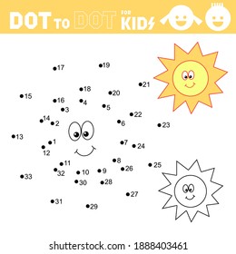 Dot to dot games for kids. Sun. Connect the numbers and drawing sun. Coloring page. Book. Puzzle activity worksheet. Sketch vector illustration