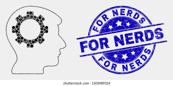 Dot gear thinking head mosaic icon and For Nerds seal stamp. Blue vector rounded scratched seal stamp with For Nerds text. Vector combination in flat style.