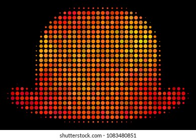 Dot gentleman hat icon. Bright pictogram in hot color tinges on a black background. Vector halftone concept of gentleman hat pictogram designed of spheric items.