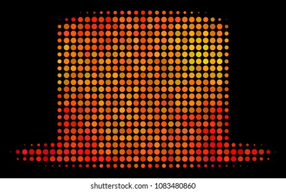 Dot gentleman hat icon. Bright pictogram in hot color shades on a black background. Vector halftone collage of gentleman hat symbol formed with spheric points.
