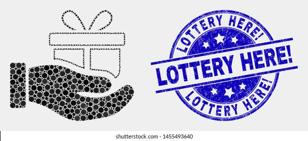 Dot gift hand mosaic pictogram and Lottery Here! seal stamp. Blue vector rounded distress seal stamp with Lottery Here! text. Vector combination in flat style.