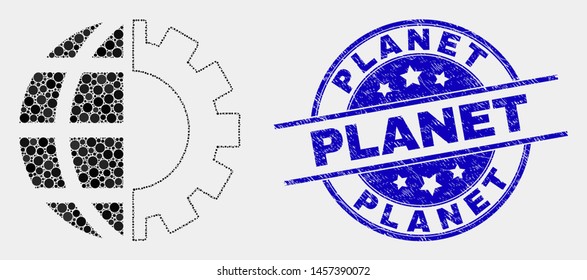 Dot global industry mosaic pictogram and Planet seal stamp. Blue vector round distress seal stamp with Planet caption. Vector collage in flat style.