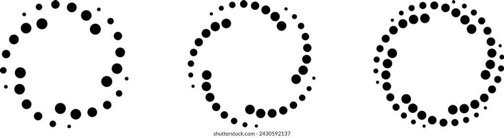 Dot gradient round spiral frame. Halftone effect vortex circle icon with dotted pattern. Progress round loader. Half tone abstract circle border. Vector illustration isolated on the white background.