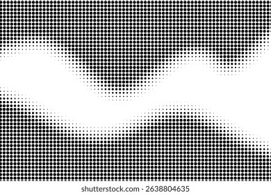Dot gradient wave pattern. Abstract halftone black and white dotted background with curved gradient effect. Retro comic book style texture wallpaper. Graphic vector illustration.