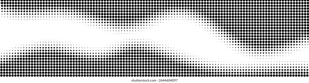 Padrão de onda de gradiente de ponto. Meio-tom abstrato preto e branco plano de fundo pontilhado com efeito de gradiente curvo. Papel de parede de textura estilo quadrinho retrô. Ilustração de vetor gráfico.