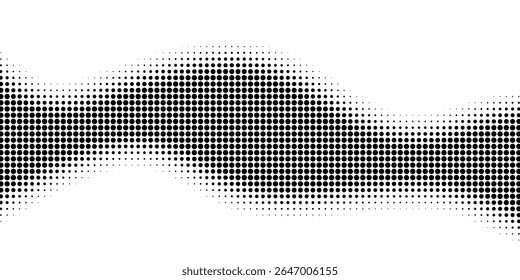 Padrão de onda de gradiente de ponto. Meio-tom abstrato preto e branco plano de fundo pontilhado com efeito de gradiente curvo. Papel de parede de textura estilo quadrinho retrô. Ilustração de vetor gráfico.