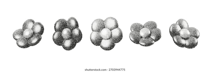 Las formas de flor de punto y grano con ruido punteado construyen una escena botánica en 3D granulada. Abstractas pétalos de semitono, suave desvanecimiento y textura vintage añaden un look retro de ensueño para carteles y Fondos de pantalla
