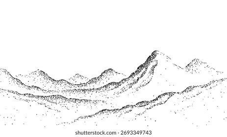 Dot grain mountain landscape vector for background design. Stipple technique illustration of nature elements. Noise texture graphic.