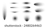 Dot grain noise gradient pattern shape set. Abstract oval and round elements with shadow spray sand effect. Vector illustration isolated on white background.
