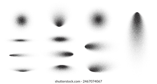 Dot grain noise gradient pattern shape set. Abstract oval and round elements with shadow spray sand effect. Vector illustration isolated on white background.