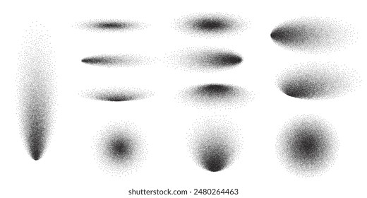 Dot grain noise gradient pattern shape set. Abstract oval and round elements with shadow spray sand effect. Vector illustration isolated on white background.