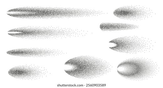 Dot grain noise gradient shape set. Dotwork fluid, spray grain gradient objects. Abstract oval elements Pointillism gradient pattern in dotwork style. Dotwork stipple halftone effect Vector background