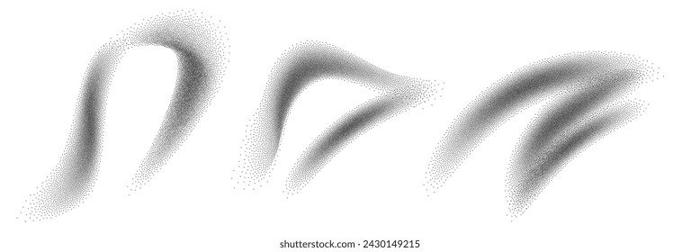 Dot grain noise gradient spray pattern background. Abstract brush strokes with sand texture. Painting dotted stipple lines, grainy effect, vector illustration isolated on white background.