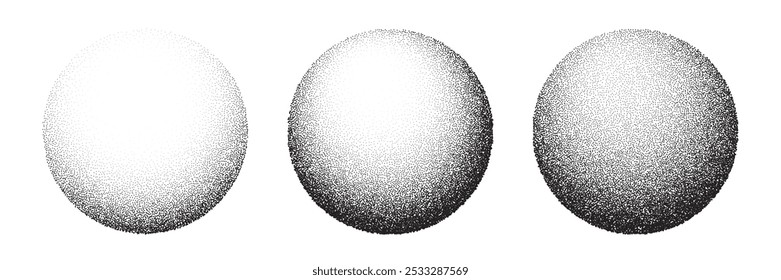 Dot grain texture circles vector set. Abstract black spheres with gradient stipple pattern, globes with gradation to fade of monochrome grainy dots or noise dust on white background.