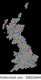 Dot Great Britain Map. Vector geographic map in casual colors on a black background. Vector collage of Great Britain Map composed with regular square pixels.