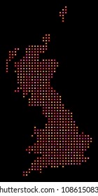 Dot Great Britain map. Vector geographical plan in red color variations on a black background. Abstract mosaic of Great Britain map organized from regular square elements.