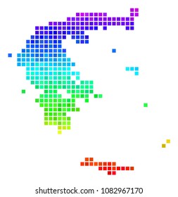 Dot Greece map. Vector territory scheme drawn with bright spectrum color tones with vertical gradient. Color vector collage of Greece map designed of square cells.