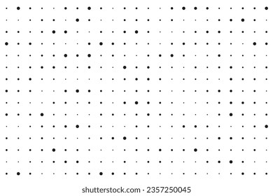 Dot grid halftone background. Different sized round points seamless pattern. Abstract monochrome retro texture. Dotty perforated surface. Vector graphic illustration.