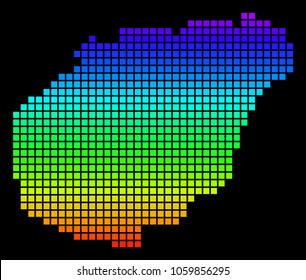 A dot Hainan Island Map. Vector geographic map in bright spectrum colors on a black background. Colored vector abstract collage of Hainan Island Map organized of dots.