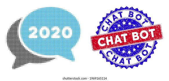 Dot halftone 2020 chat messages icon, and Chat Bot scratched stamp seal. Chat Bot stamp seal uses bicolor rosette form, red and blue colors.