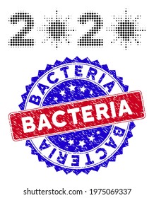 Dot halftone 2020 virus year icon, and Bacteria unclean stamp seal. Bacteria stamp seal uses bicolor rosette template, red and blue colors.