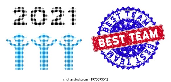 Dot halftone 2021 gentlemen dance icon, and Best Team unclean watermark. Best Team stamp uses bicolor rosette shape, red and blue colors.