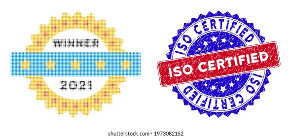 Dot halftone 2021 winner stamp icon, and ISO Certified unclean stamp seal. ISO Certified stamp seal uses bicolor rosette template, red and blue colors.