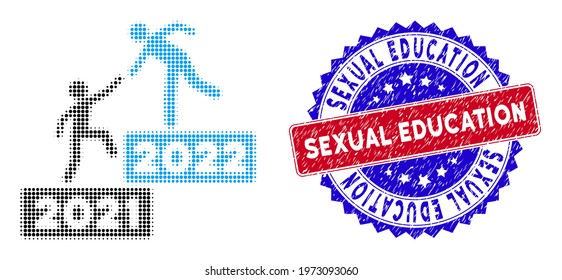 Dot halftone 2022 business steps icon, and Sexual Education textured watermark. Sexual Education watermark uses bicolor rosette form, red and blue colors.