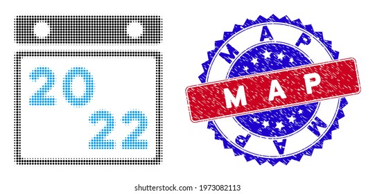 Dot halftone 2022 calendar icon, and Map scratched stamp imitation. Map stamp uses bicolor rosette shape, red and blue colors. Vector composition of 2022 calendar illustration done of circle points.