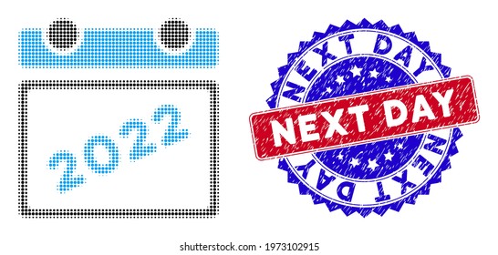 Dot halftone 2022 calendar leaf icon, and Next Day rubber seal. Next Day stamp seal uses bicolor rosette template, red and blue colors.