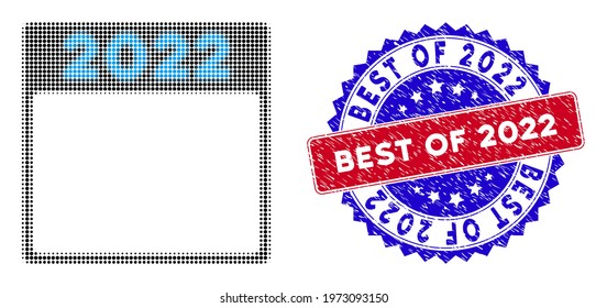 Dot halftone 2022 calendar page icon, and Best of 2022 textured seal. Best of 2022 stamp seal uses bicolor rosette shape, red and blue colors.