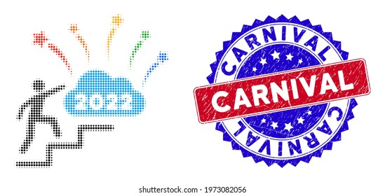 Dot halftone 2022 fireworks cloud steps icon, and Carnival watermark. Carnival watermark uses bicolor rosette template, red and blue colors.