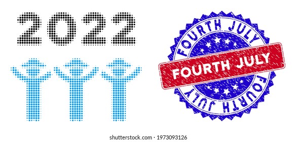 Dot halftone 2022 gentlemen dance icon, and Fourth July unclean watermark. Fourth July watermark uses bicolor rosette shape, red and blue colors.