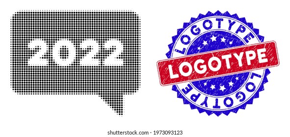 Dot halftone 2022 message icon, and Logotype rubber stamp seal. Logotype seal uses bicolor rosette template, red and blue colors. Vector mosaic of 2022 message pictogram formed of round particles.