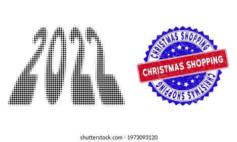 Dot halftone 2022 perspective digits icon, and Christmas Shopping rubber seal. Christmas Shopping imprint uses bicolor rosette form, red and blue colors.