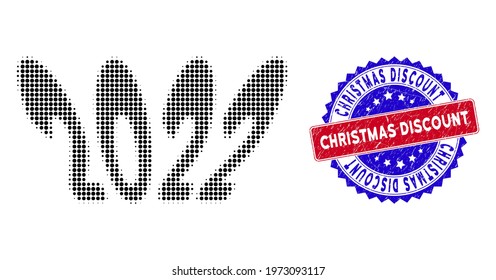 Dot halftone 2022 perspective text icon, and Christmas Discount scratched stamp seal. Christmas Discount stamp uses bicolor rosette shape, red and blue colors.