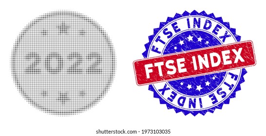 Dot halftone 2022 silver coin icon, and Ftse Index rough seal. Ftse Index stamp seal uses bicolor rosette form, red and blue colors.