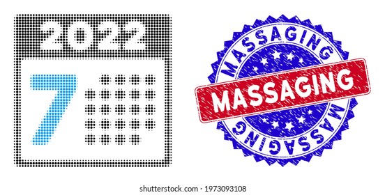 Dot halftone 2022 year 7th day icon, and Massaging textured stamp seal. Massaging stamp uses bicolor rosette template, red and blue colors.