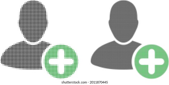 Dot halftone add user icon. Vector halftone mosaic of add user icon made of circle items.