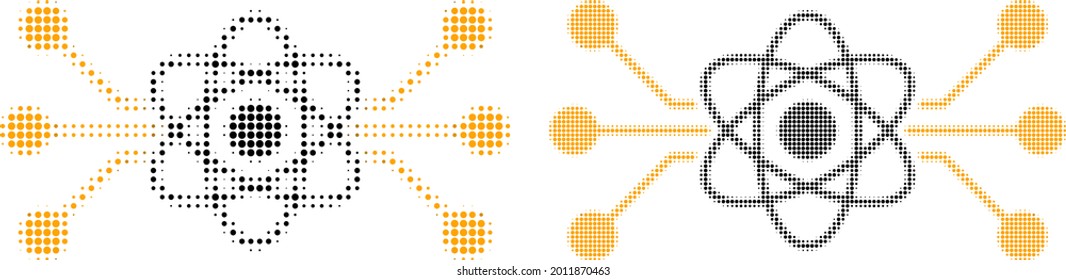 Dot halftone atomic circuit icon. Vector halftone concept of atomic circuit icon composed of spheric pixels.